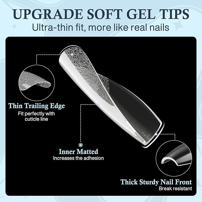 Medium Coffin Gel Nail Tips, 504pcs Soft Gel Pre-Shaped Acrylic Fake Nails, Half Matte Full Cover Clear Press on Flase Nail Tips for Extension Nail Manicure Home DIY 12 Sizes Gelly Tips