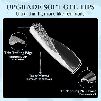 Medium Coffin Gel Nail Tips, 504pcs Soft Gel Pre-Shaped Acrylic Fake Nails, Half Matte Full Cover Clear Press on Flase Nail Tips for Extension Nail Manicure Home DIY 12 Sizes Gelly Tips
