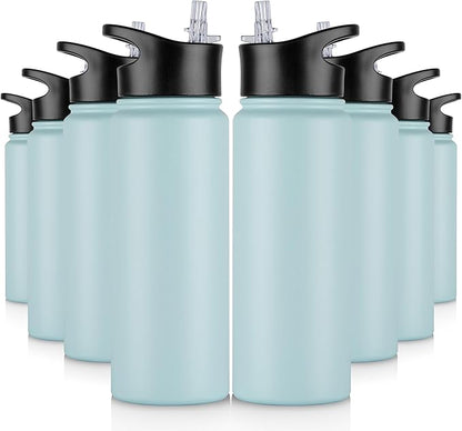24 oz Insulated Water Bottle Bulk 8 Pack, Stainless Steel Sports Water Bottles with Straw Lid & Wide Mouth Lids, Double Walled Vacuum, Leak Proof, Turquoise Blue