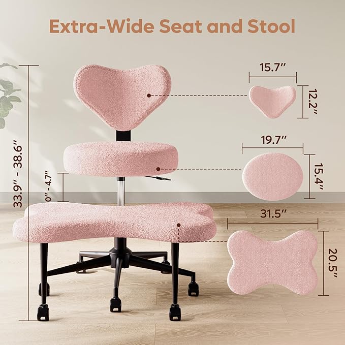 Ergonomic Cross Legged Chair, 360° Swivel Meditation Chair with Wheels, Height Adjustable Seat for ADHD, Strong Lumbar Support, Chic Home Office Furniture, Teddy Fabric, Pink