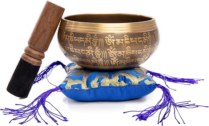 Tibetan Singing Bowl Set - Easy To Play Authentic Handcrafted For Meditation Sound Bowl Chakra Yoga Healing 4 Inches By Himalayan Bazaar (Brown & Blue)