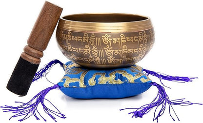 Tibetan Singing Bowl Set - Easy To Play Authentic Handcrafted For Meditation Sound Bowl Chakra Yoga Healing 4 Inches By Himalayan Bazaar (Brown & Blue)