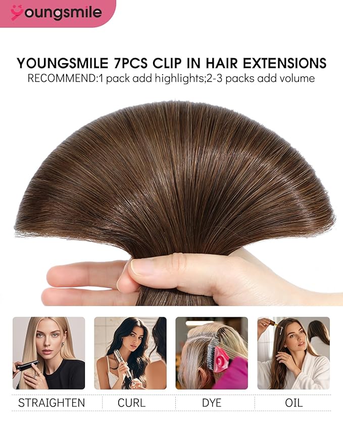 Youngsmile Clip in Hair Extensions Real Human Hair,Remy Brown Human Hair Extensions Clip in Double Weft 18 Inch 140 Grams 7 Pieces Chocolate Brown No Tangle No Shedding (7C#4-18Inch)