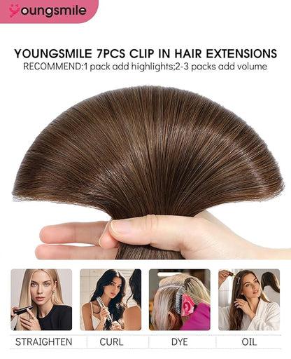 Youngsmile Clip in Hair Extensions Real Human Hair,Remy Brown Human Hair Extensions Clip in Double Weft 18 Inch 140 Grams 7 Pieces Chocolate Brown No Tangle No Shedding (7C#4-18Inch)