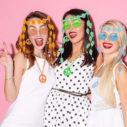 6 Pcs Hippie Costume Accessories Set, Flower Hippie Headband Boho Peace Sign Necklace Earrings Sunglasses Bracelet