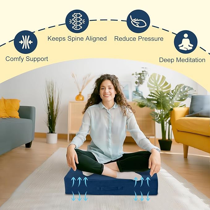 Solid Square Floor Pillows for Adults Kids - Large Meditation Floor Pillow Seating Cushion with Thick Foam & Washable Velvet Cover, 2 Pack, 22x22x5 Inch, Dark Blue