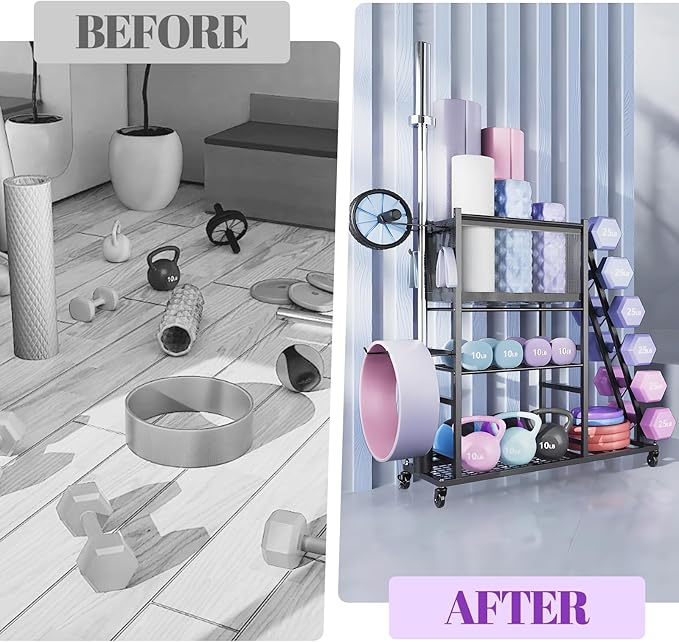 Mythinglogic Dumbbell Rack for Home Gym, Weight Rack for Dumbbells, Multifunctional Yoga Mat Holder for Barbell plates and Kettlebells, Home Gym Storage Rack with Casters