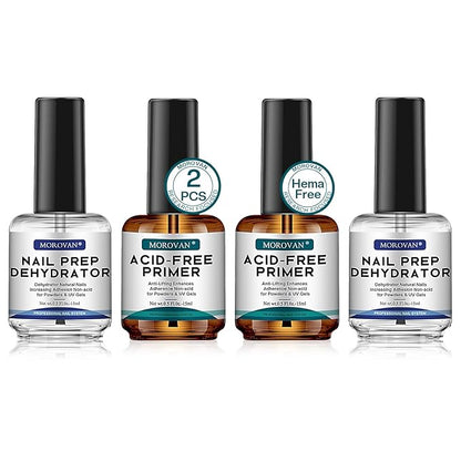 Morovan Nail Prep Dehydrator and Primer, Natural 4 PCS Dehydrator & Acid-Free Bond Primer for Acrylic Powder U V Extension Gel Nail Supplies Set