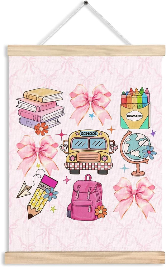 Coquette Pink Bow Back to School Canvas Wall Art Poster, Coquette Preppy Room Decor, Trendy Preppy Aesthetic Wall Decor Prints for Girls Bedroom Classroom Playroom, 12x16 Inches