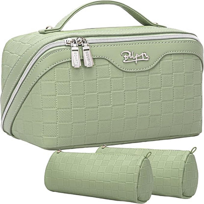 BOYATU Travel Makeup Bag Organizer Cosmetic Bag: 3 Pcs Set Make up Bags for Women with Handle - Waterproof Vegan Leather Toiletry Bags Travel Essentials Pouch with Compartments (C-06-Green)