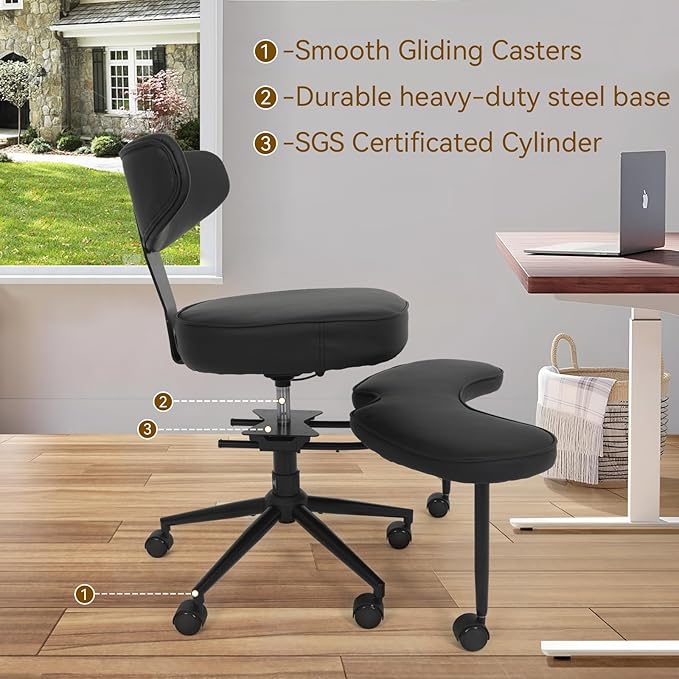 ELECWISH Meditation Chair, ADHD Chair for Adults with Wing Back Support, Criss Cross Kneeling Yoga Desk Office Use with Wheels, Height Adjustable seat and Leg Rest, Black