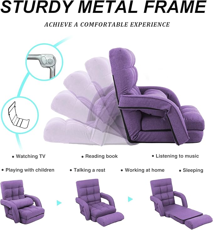 Adjustable Floor Chair for Adults with Back Suppor,5-Position Folding Lazy Sofa with Pillow, Gaming & Meditation Chair with Breathable Fabric - for Living Room, Bedroom, Office,Balcony (Purple)