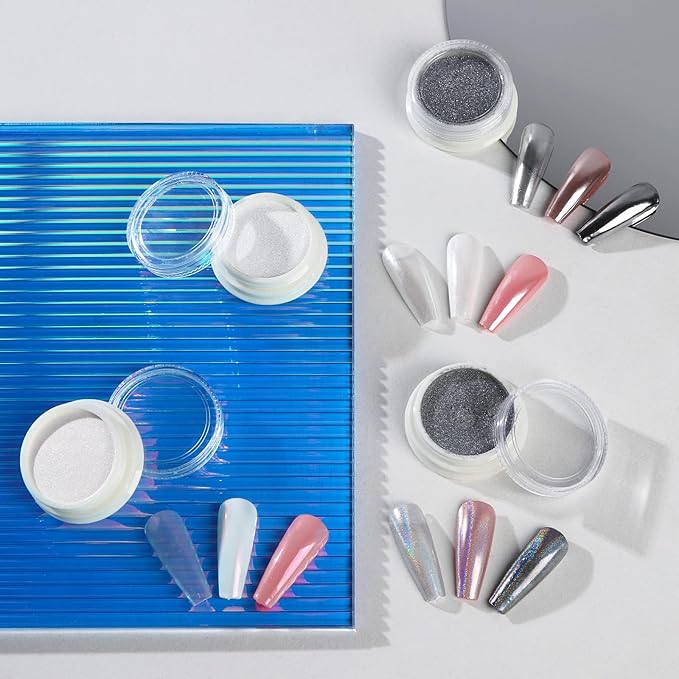 Artdone Chrome Nail Powder Magic White Pearl Kit Mirror Effect Silver Metallic Holographic Dip Nail Powder Decoration Iridescent Aurora Mermaid Pigment