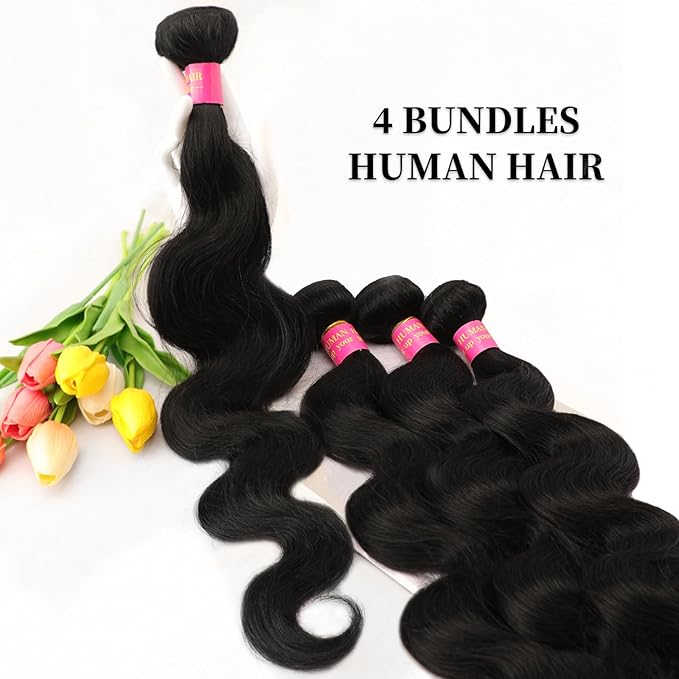 12A Human Hair Bundles 14 16 18 20 Inch Body Wave Bundles Human Hair 100% Unprocessed Brazilian Virgin Hair 4 Bundles Deals Human Hair Extensions Quick Weave Natural Black
