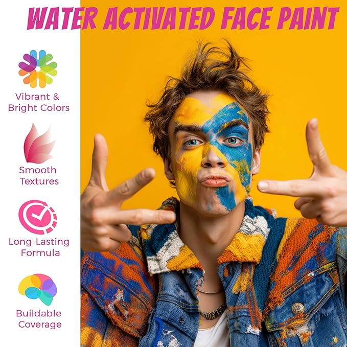 Face Painting Kit Professional, Water Based Face Paint Kit, Non Toxic Face Paint Palette with Body Glitter Gel, Neon Face Paint, Glitter Face Paint & 10 Face Paint Brushes for Halloween, Easter