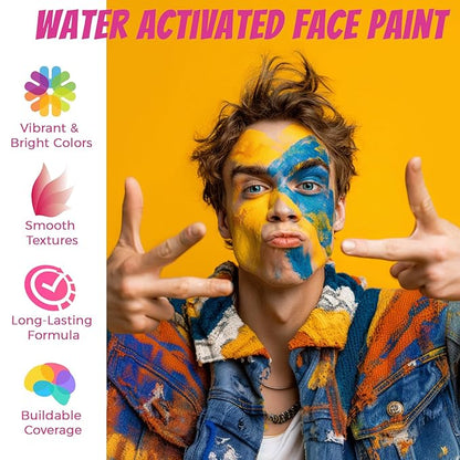 Face Painting Kit Professional, Water Based Face Paint Kit, Non Toxic Face Paint Palette with Body Glitter Gel, Neon Face Paint, Glitter Face Paint & 10 Face Paint Brushes for Halloween, Easter