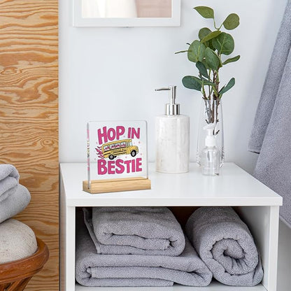 Mental Health Decor, Motivational Gifts for Women Men, Funny Anxiety Inspirational Acrylic sign with Wooden office Accessories Bedroom Dorm Apartment Decoration-Struggle Bus Hop In Bestie