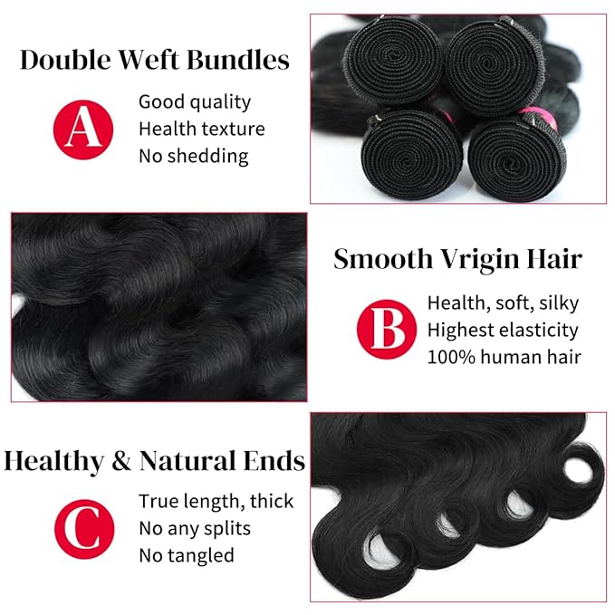 12A Human Hair Bundles 14 16 18 20 Inch Body Wave Bundles Human Hair 100% Unprocessed Brazilian Virgin Hair 4 Bundles Deals Human Hair Extensions Quick Weave Natural Black
