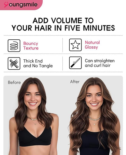 Youngsmile Clip in Hair Extensions, Human Hair Clip in Extensions,16 Inch Balayage Chocolate Brown Mixed Caramel Blonde, Easy to Install 140g 7Pcs,Thick End, Soft Silk (7C#4/27/4-16Inch)