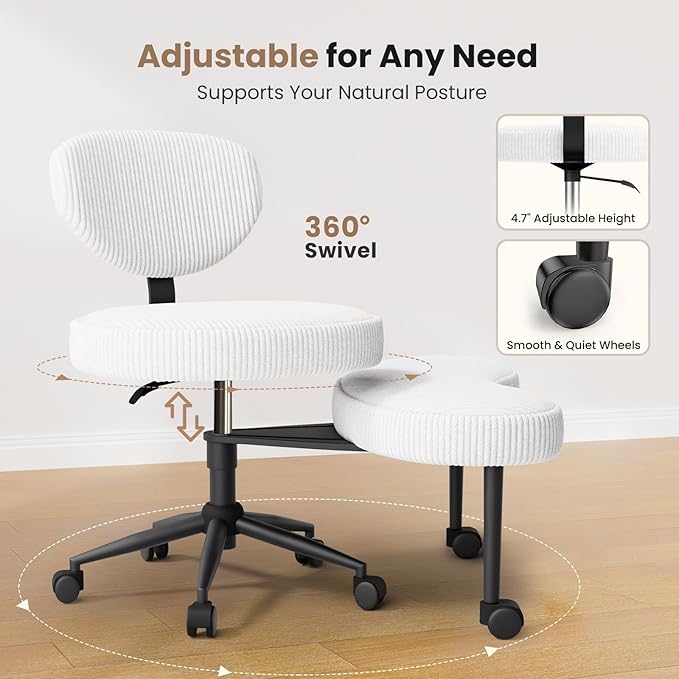 Ergonomic Cross Legged Chair, Wide Vanity Chair with Wheels, Meditation Chair for ADHD, Comfortable Adjustable Swivel Computer Office Desk Chairs for Home, Make Up, Bed Room, Corduroy Fabric, White