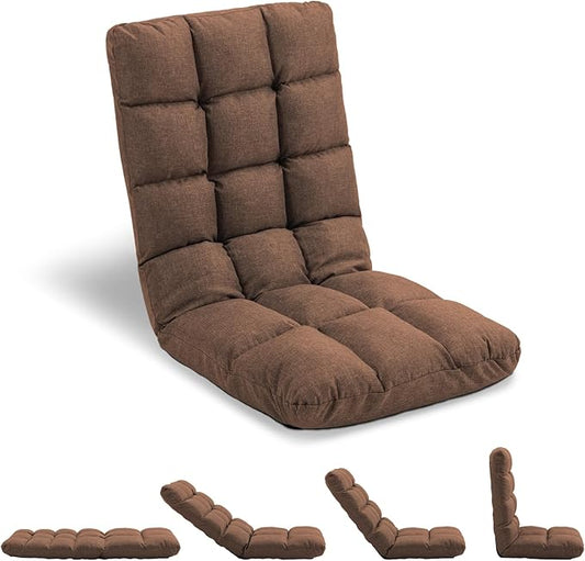 Folding Floor Chair with Back Support, 14 Adjustable Positions, Breathable Padded Sleeper Bed, Couch Recliner, Gaming Sofa Chair for Adults & Kids, Perfect for Meditating, Reading, Living Room (Brown)