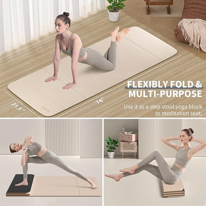 8mm Extra Large Foldable Yoga & Fitness Mat(74" x 31.5" x 0.32"), Double-Sided Non Slip & Lightweight Pilates Mat, Thick Wide Exercise Mats for Woman Man Kids, Portable Workout Mats for Travel, Studio or Home Use