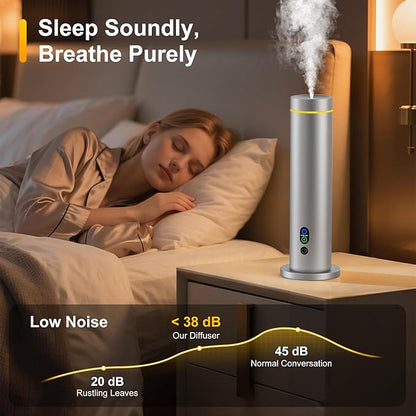 Waterless Diffuser, 1000 Sq.Ft Coverage, Essential Oil Diffuser with Tilt-Safe, Remote Control, Adjustable Mist Mode, Mood Lights Aromatherapy Diffuser for Home, Large Room, Office, Hotel, Silver