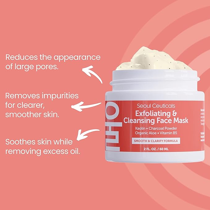 SeoulCeuticals Korean Face Scrub - Exfoliating Face Mask Skincare K Beauty Mask for Glass Skin - Kaolin Clay + Charcoal Cream Exfoliant Mask 2oz