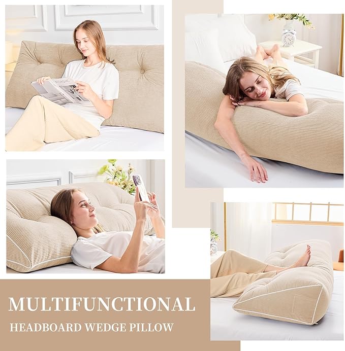 Sasttie Headboard Pillow King, Wedge Pillow Headboard for Sitting Up in Bed, Back-Rest Support Triangular Cushion for Reading - Features Removable Washable Cover, Beige