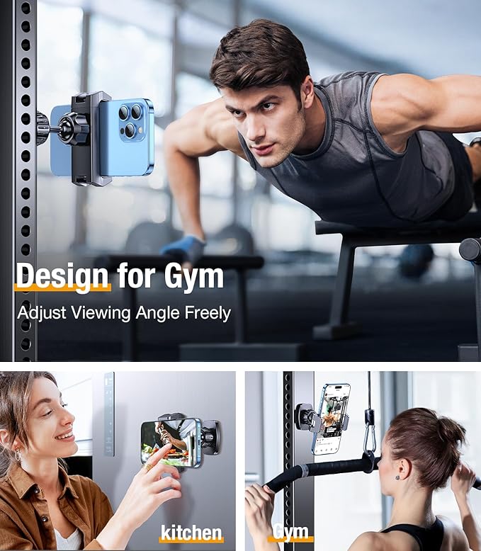 Magnetic Phone Holder for Gym【Strong Magnets】 Tripod Mount Ring Gym Magnetic Phone Holder Attach to Metal Surface, Gym Accessories for Men Women Essentials for All Smartphones 4.7-7"