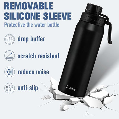 OLDLEY 24 oz Insulated Water Bottle With Straw, Stainless Steel Sports Water Cup Flask with 3 Lids(Straw, Spout and Handle Lid) Double Walled Travel Thermal Canteen Mug,Black