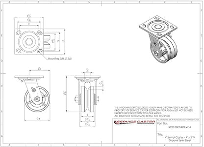 V Groove Semi Steel Cast Iron Swivel Top Plate Heavy Duty Caster with 4 Inch Wheel – 800 lbs. Capacity/Caster - Service Caster Brand