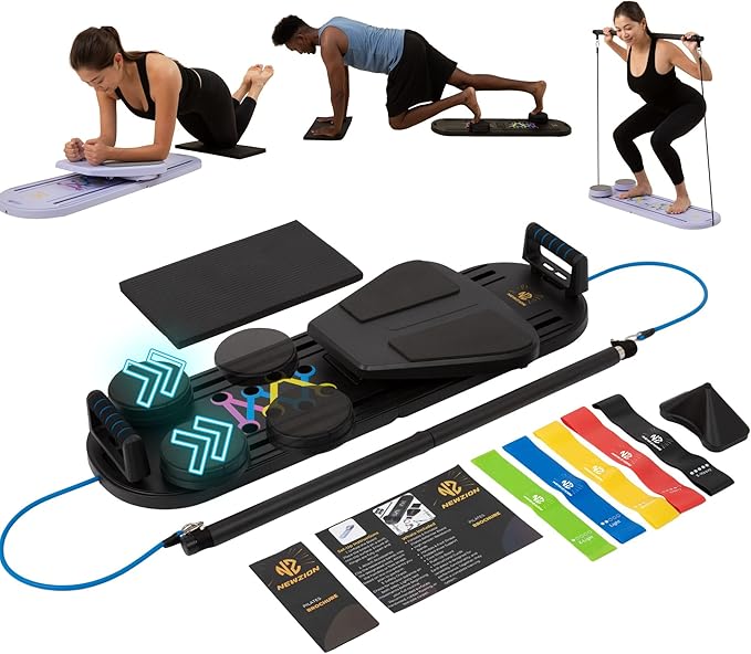 7-in-1 Pilates Reformer Board, Portable Pilates Board Foldable Pilates Reformer Equipment with Timer for Home Workouts with Resistance Bands Core Glider Push-Up Handles Balance Trainer Pilates Machine
