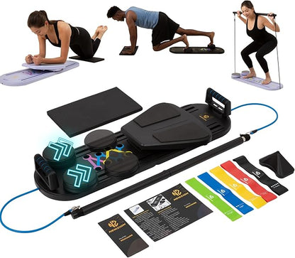 7-in-1 Pilates Reformer Board, Portable Pilates Board Foldable Pilates Reformer Equipment with Timer for Home Workouts with Resistance Bands Core Glider Push-Up Handles Balance Trainer Pilates Machine