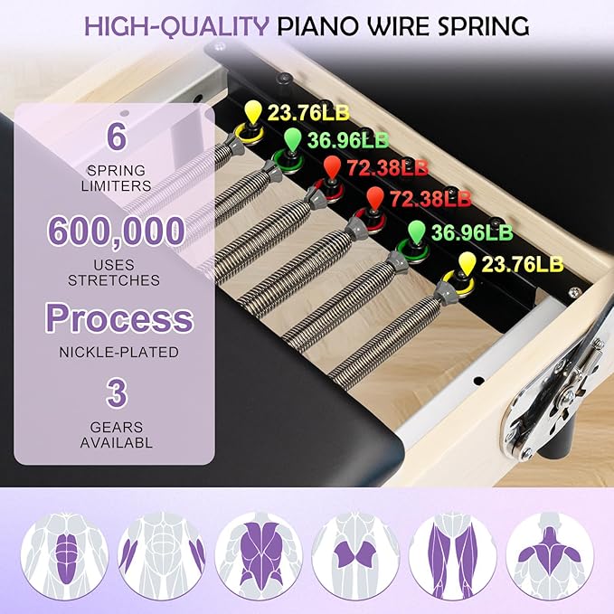 Pilates Reformer, Maple Wooden Foldable Pilates Reformer Machine with 6 Springs,Sitting Box, Padded Jump Board, 660lbs Capacity for Home Workouts Studio Yoga