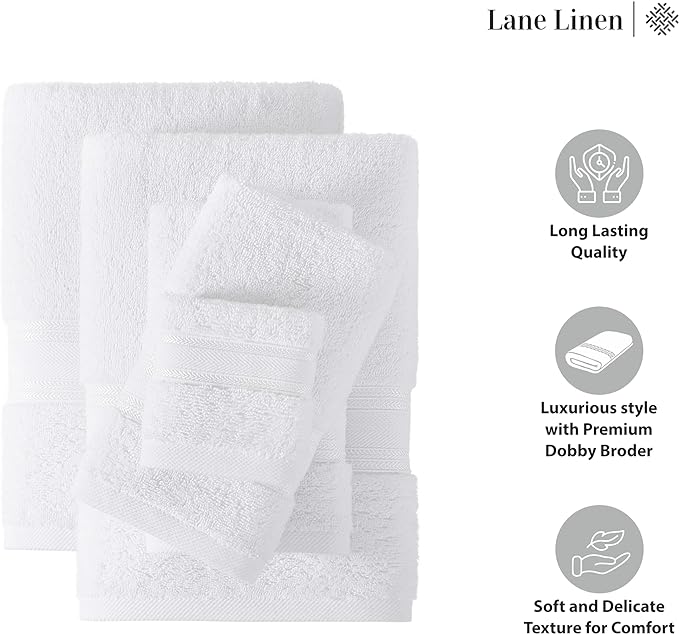 LANE LINEN 100% Mercerized Cotton Luxury Bathroom Towel Set - 18 Pcs - Super Soft, Fluffy & Highly Absorbent - 6 Bath Towels, 6 Washcloths, 6 Hand Towels - Complete Family Pack - White Bath Towel Set