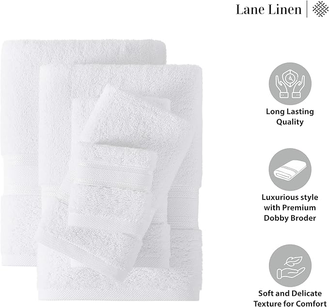 LANE LINEN Luxury Bath Towels Set - 12 Piece, 100% Cotton, Zero Twist, Super Soft & Absorbent, Includes 4 Bath Towels, 4 Hand Towels, 4 Washcloths - White