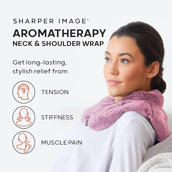 Sharper Image Heated Neck & Shoulder Wrap - Microwavable Warm & Cooling Plush Pad, Scented Aromatherapy (100% Natural Lavender & Herb Spa Blend), Pain Tension Headache Relief Therapy, Gift for Women