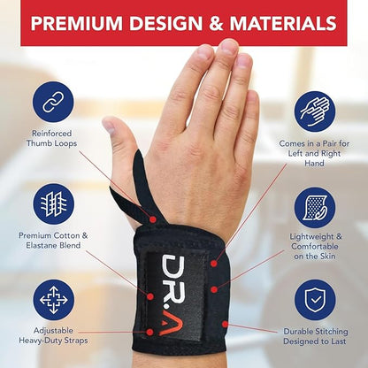 Doctor-Developed Gym Wrist Wraps/Lifting Wrist Straps for Weightlifting, Heavy Duty Gym Straps With Thumb Loops, Wrist Wraps for Working Out & Protection, Weight Lifting Wrist straps For Men & Women (Black)