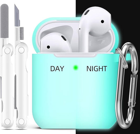 R-fun Compatible with AirPods Case Cover, Soft Silicone Protective Cover with Keychain for Women Men Compatible with Apple AirPods 2nd 1st Generation Charging Case, Front LED Visible,Glow Blue