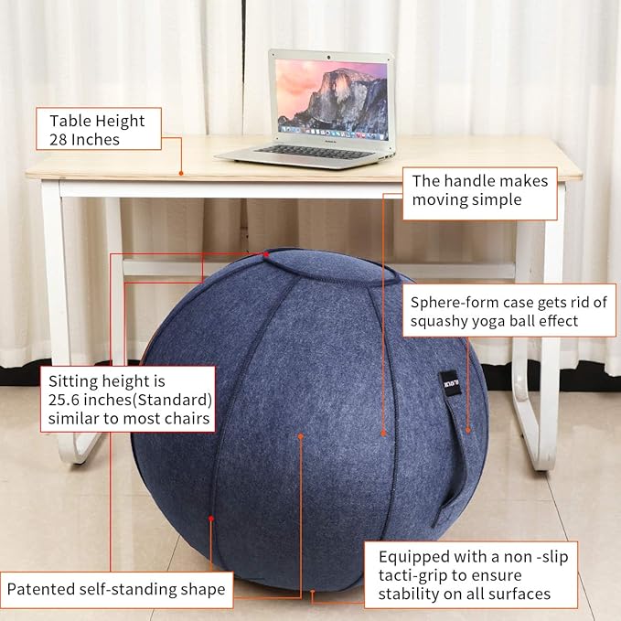65cm Sitting Ball Chair for Office, Dorm, and Home, Pilates Exercise Yoga Ball with Cover, Lightweight Self-Standing Ergonomic Posture Activating Exercise Ball Solution with Handle and Pump