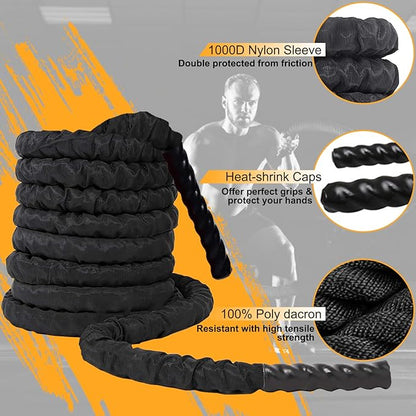 Leogreen 1.5" 30ft Heavy Battle Rope, Exercise Training Rope with Anchor Strap and Wall Mount Bracket Kit, Workout Rope with Protective Sleeve for Home Gym Cardio, Core Strength Training, Black