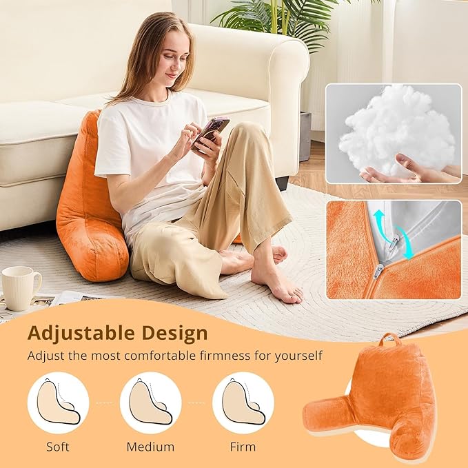 Sasttie Reading Pillow, Velvet Back Pillow for Bed Sitting Up, Adult Back-Rest Support Cushion with Arms for Sit Up on Couch, Sofa, and Floor, Dorm Essentials, Reading Accessories, Orange