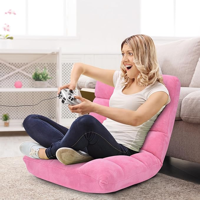 RELAX4LIFE Floor Chair with Back Support - 14-Position Adjustable Lazy Sofa Chair, Padded Sleeper Bed & Couch Recliner for Reading Meditation, Folding Floor Gaming Chair for Adults (Pink)