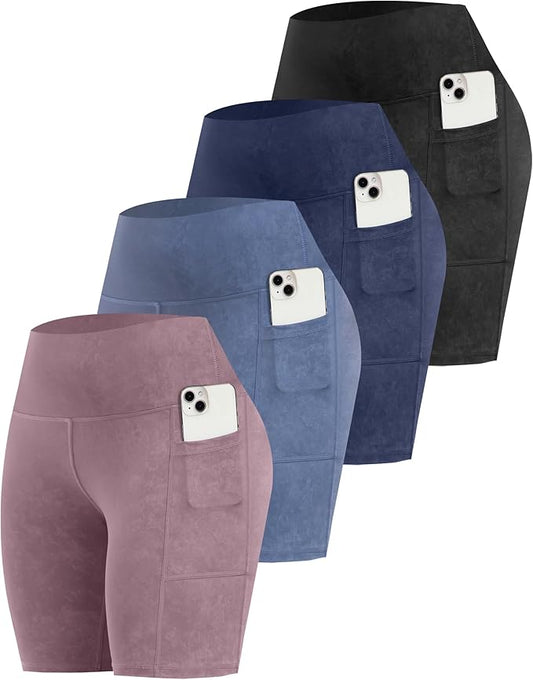 CHRLEISURE Womens Biker Yoga Shorts with Pockets: High Waisted Tummy Control Spandex Workout Athletic Gym Shorts 4 Packs