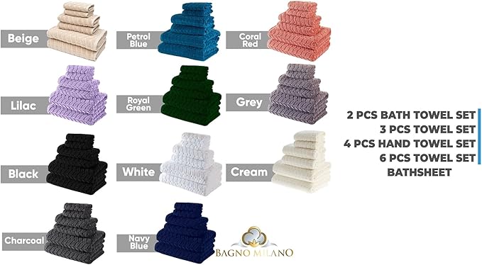 BAGNO MILANO 100% Turkish Cotton Jacquard Luxury Towel Set – Quick Dry Non-GMO Ultra-Soft, Plush and Absorbent Luxury Durable Turkish Towels Set (Grey, 6 pcs Towel Set)