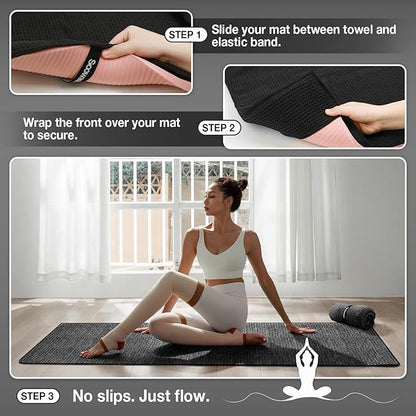 2 Pack Hot Yoga Towel Yoga Mat Towels Non Slip for Hot Yoga Stickyfiber Microfiber Quick Dry Soft Absorbent with Corner Pockets Cover Bikram Pilates Exercise Fitness 24" X 72"Black
