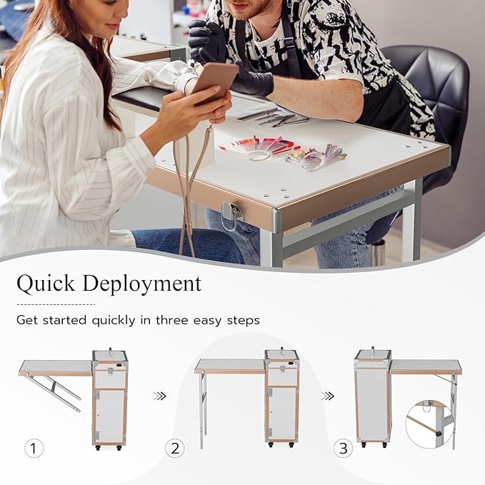 Icoget Portable Rolling Manicure Table for Nail Teach, Foldable Traveling Nail Desk w/Storage, Mobile Nail Table w/Audio and Mirror, Makeup Train Case Cosmetic Trolley, White