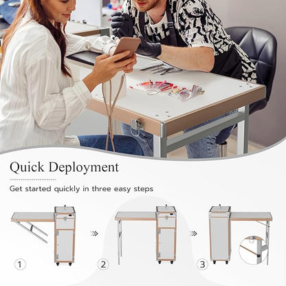 Icoget Portable Rolling Manicure Table for Nail Teach, Foldable Traveling Nail Desk w/Storage, Mobile Nail Table w/Audio and Mirror, Makeup Train Case Cosmetic Trolley, White
