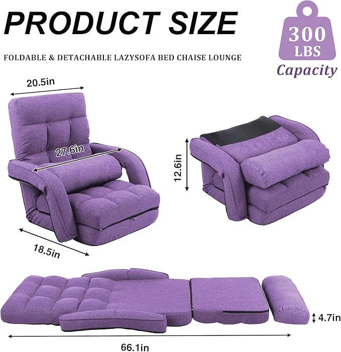 Adjustable Floor Chair for Adults with Back Suppor,5-Position Folding Lazy Sofa with Pillow, Gaming & Meditation Chair with Breathable Fabric - for Living Room, Bedroom, Office,Balcony (Purple)